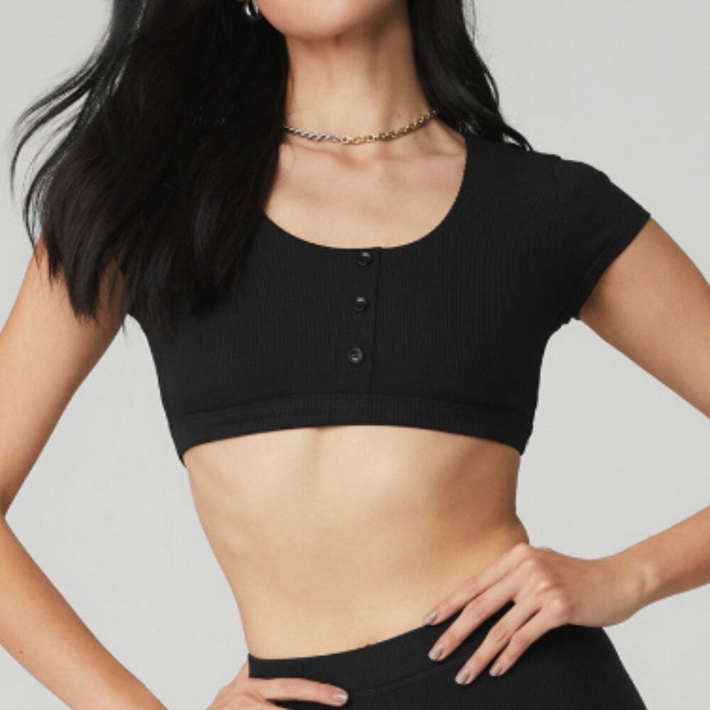 NWT ALO Yoga Black Blissful Henley Tee Ballet Sports Bra